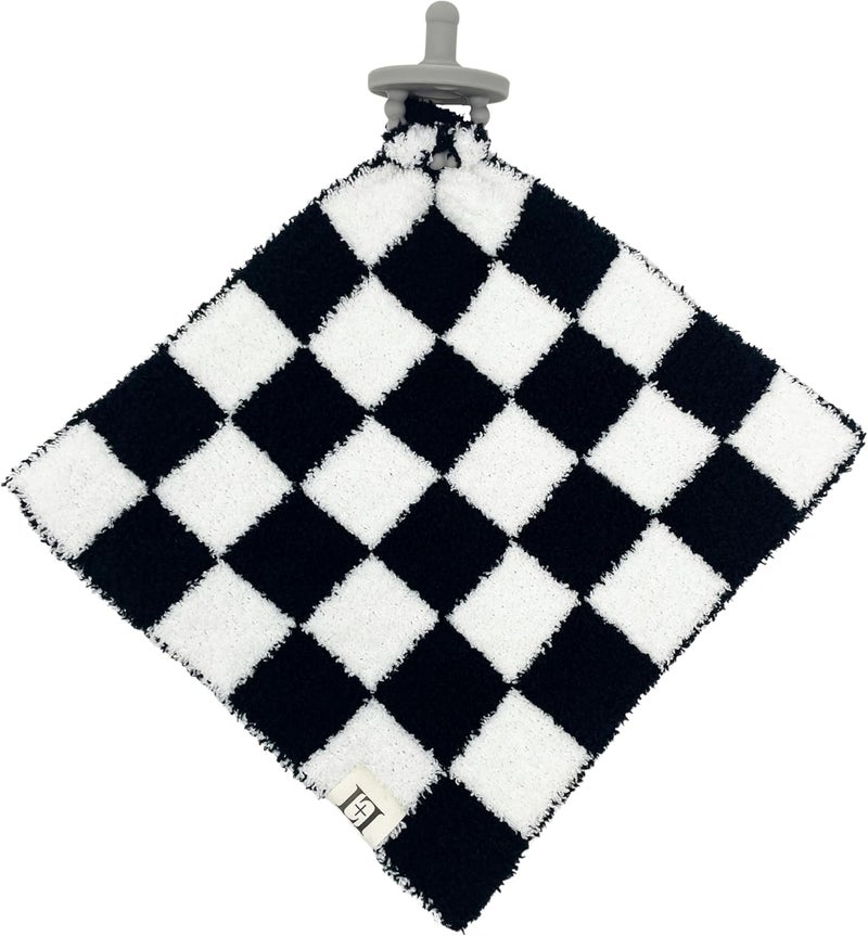 Leaps + Legends L+L USA Checkered Baby Lovey Pacifier/Teether Holder 10"x10" - DreamSoft Plush Fluffy Cuddly Soothie Reversible Mini Comfort Blanket - Cute Newborn Gift Essential Babies Boys Girls (Black/White) - Image 1